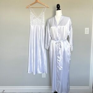 Vintage Victoria's Secret Coquette Maxi Slip Robe Set White Lace Lingerie 2pc XS